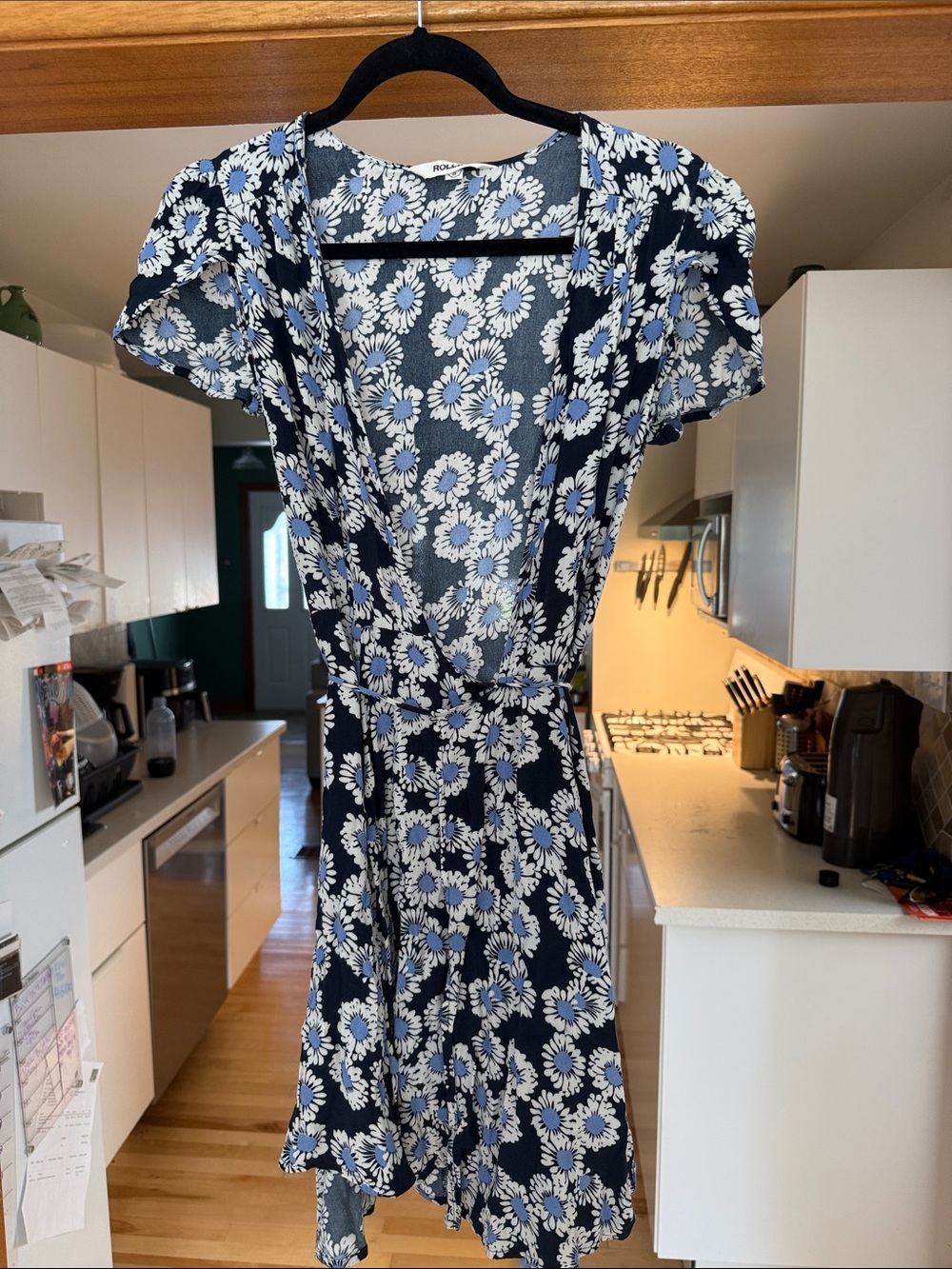Lulu's Navy Wrap Dress with White & Light Blue Daisy Print